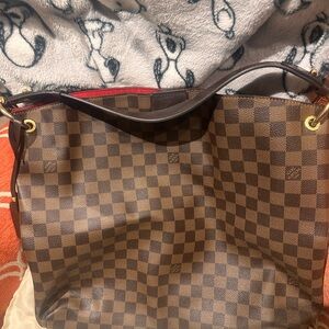 Louis Vuitton Brown Checkered Shoulder Bag with Gold Accents